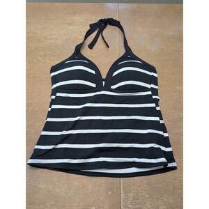 LA BLANCA Black White Striped Halter Tankini Swim Top Size 12 beachy vacation